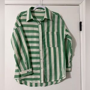Altar'd State Green and White Striped Oversized Shirt